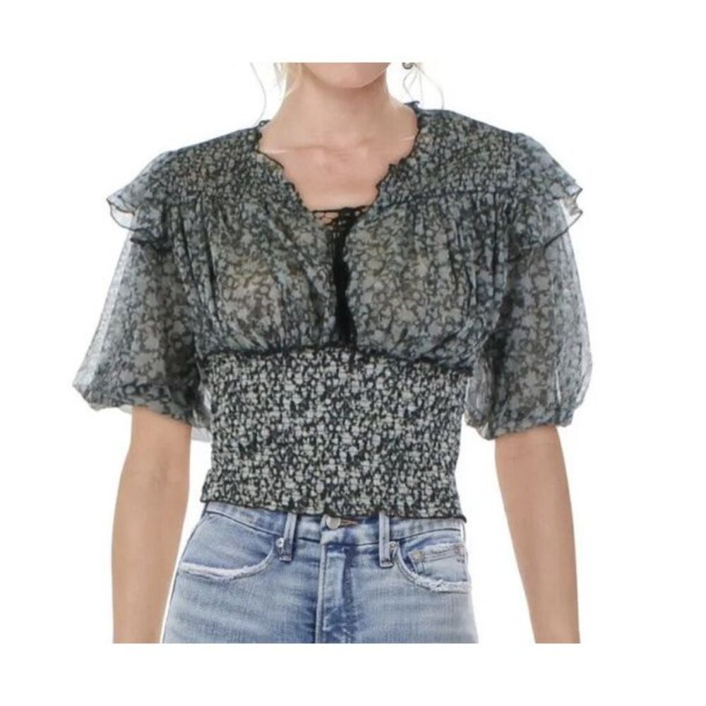 Free People XS Smocked Floral Beatrice Top Short Sleeve Black Boho Crop Kawaii